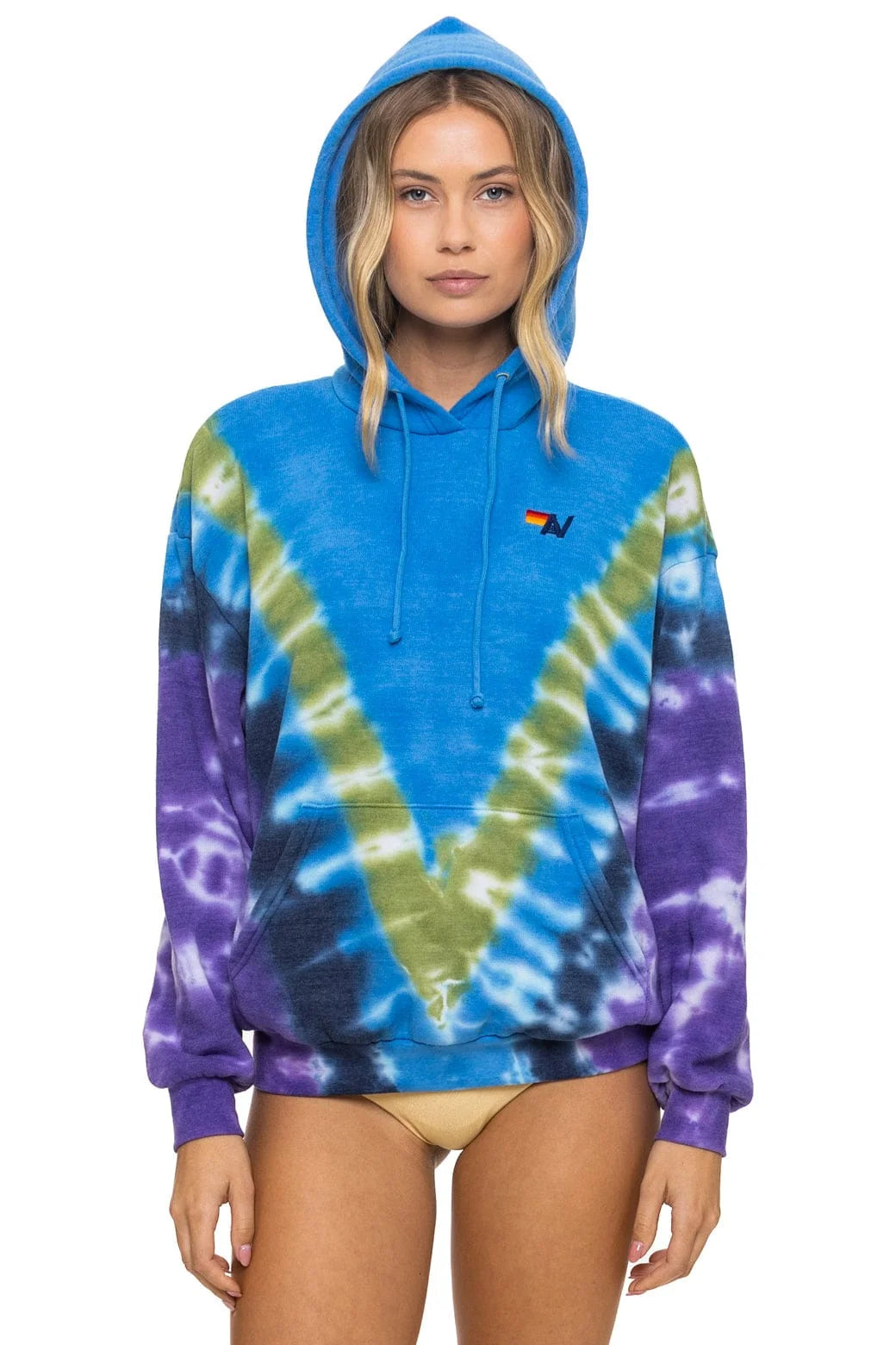 Aviator Nation Unisex Hand Dyed V Relaxed Pullover Hoodie - Tie Dye Ocean / Purple