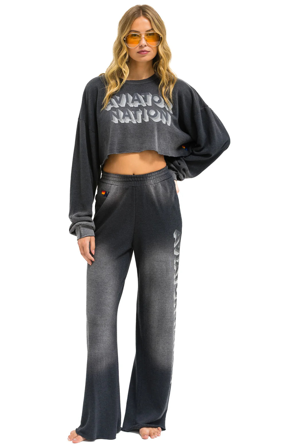 Aviator Nation 3D Cropped Crew Sweatshirt Relaxed - Faded Smoke