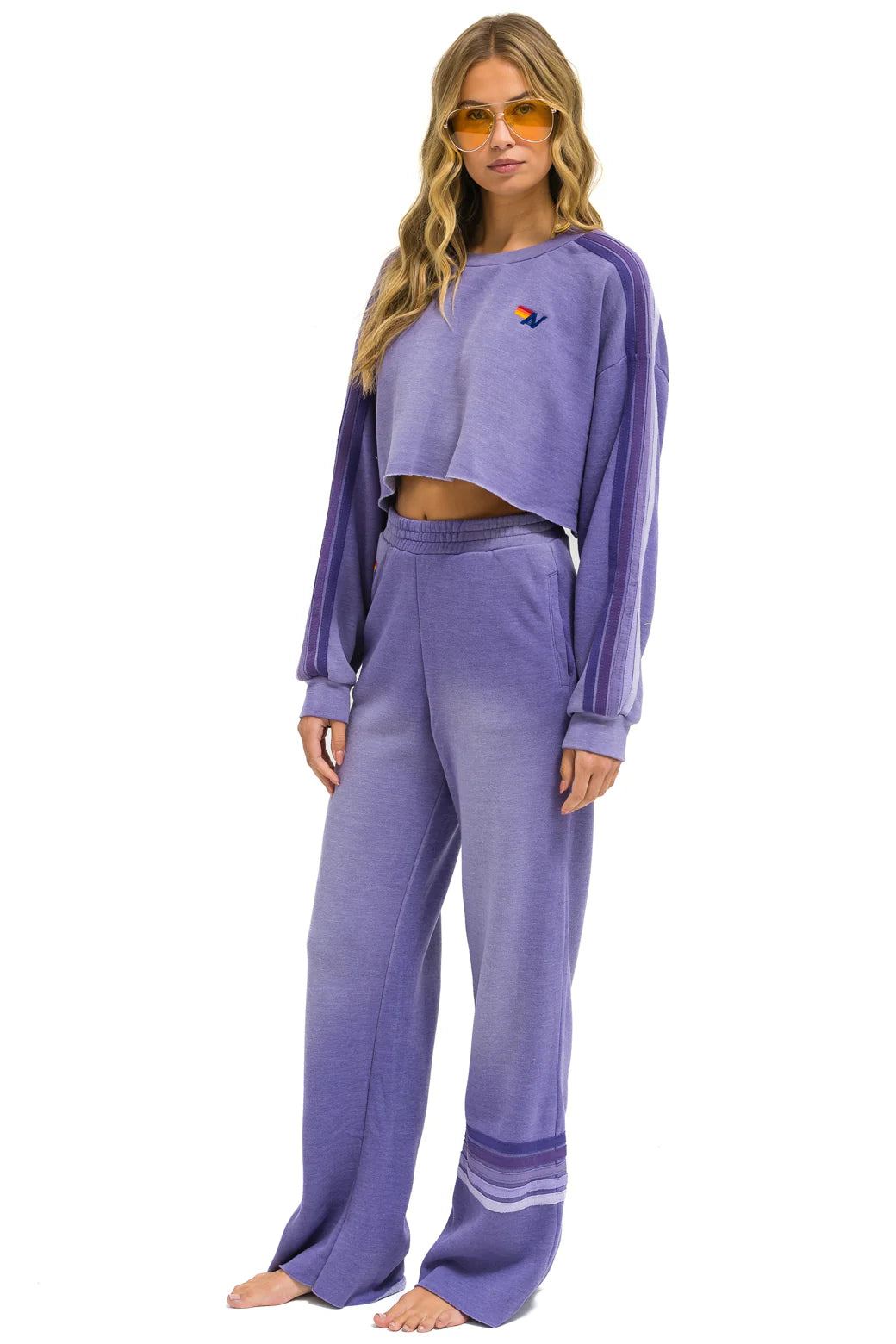 Aviator Nation Classic Stripe Cropped Crew Sweatshirt Relaxed - Faded Grape