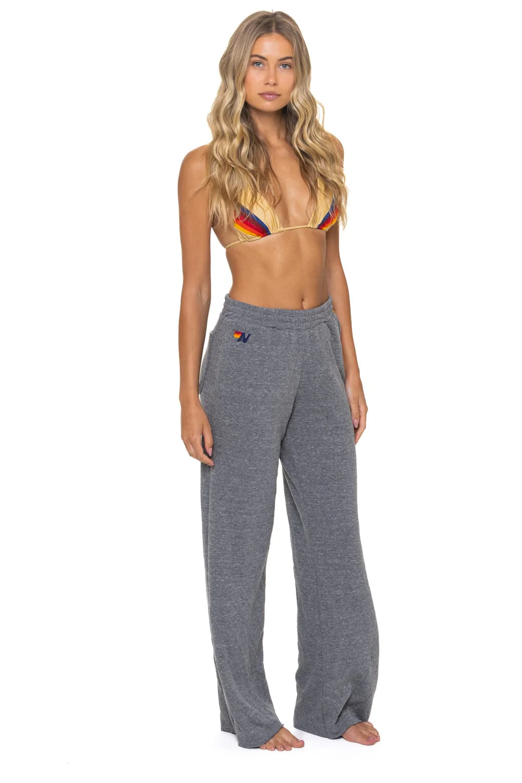Aviator Nation 5 Stripe Wide Leg Pocket Sweatpants - Heather Grey