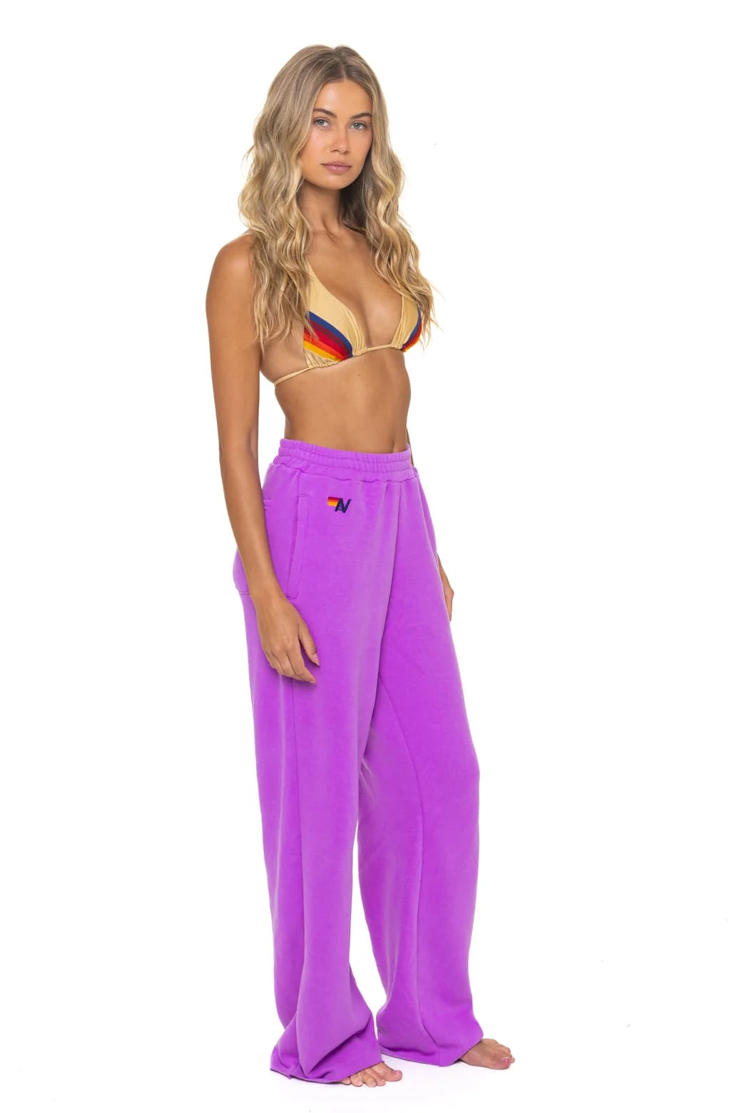 Aviator Nation 5 Stripe Wide Leg Pocket Sweatpants - Neon Purple