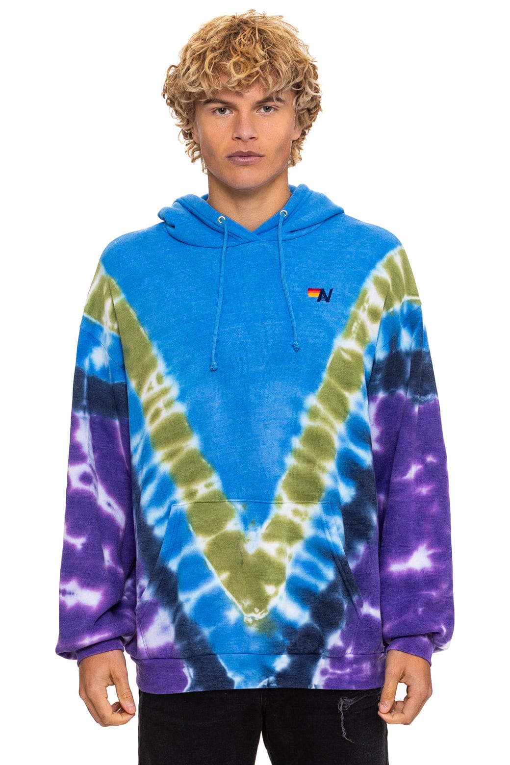 Aviator Nation Unisex Hand Dyed V Relaxed Pullover Hoodie - Tie Dye Ocean / Purple