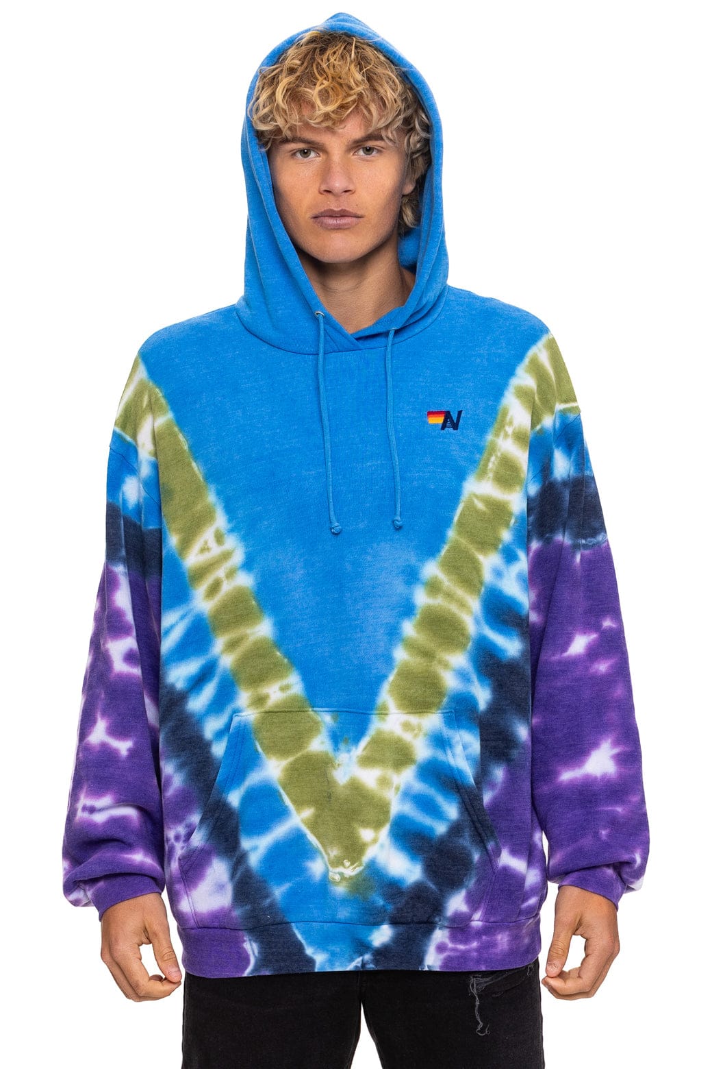 Aviator Nation Unisex Hand Dyed V Relaxed Pullover Hoodie - Tie Dye Ocean / Purple