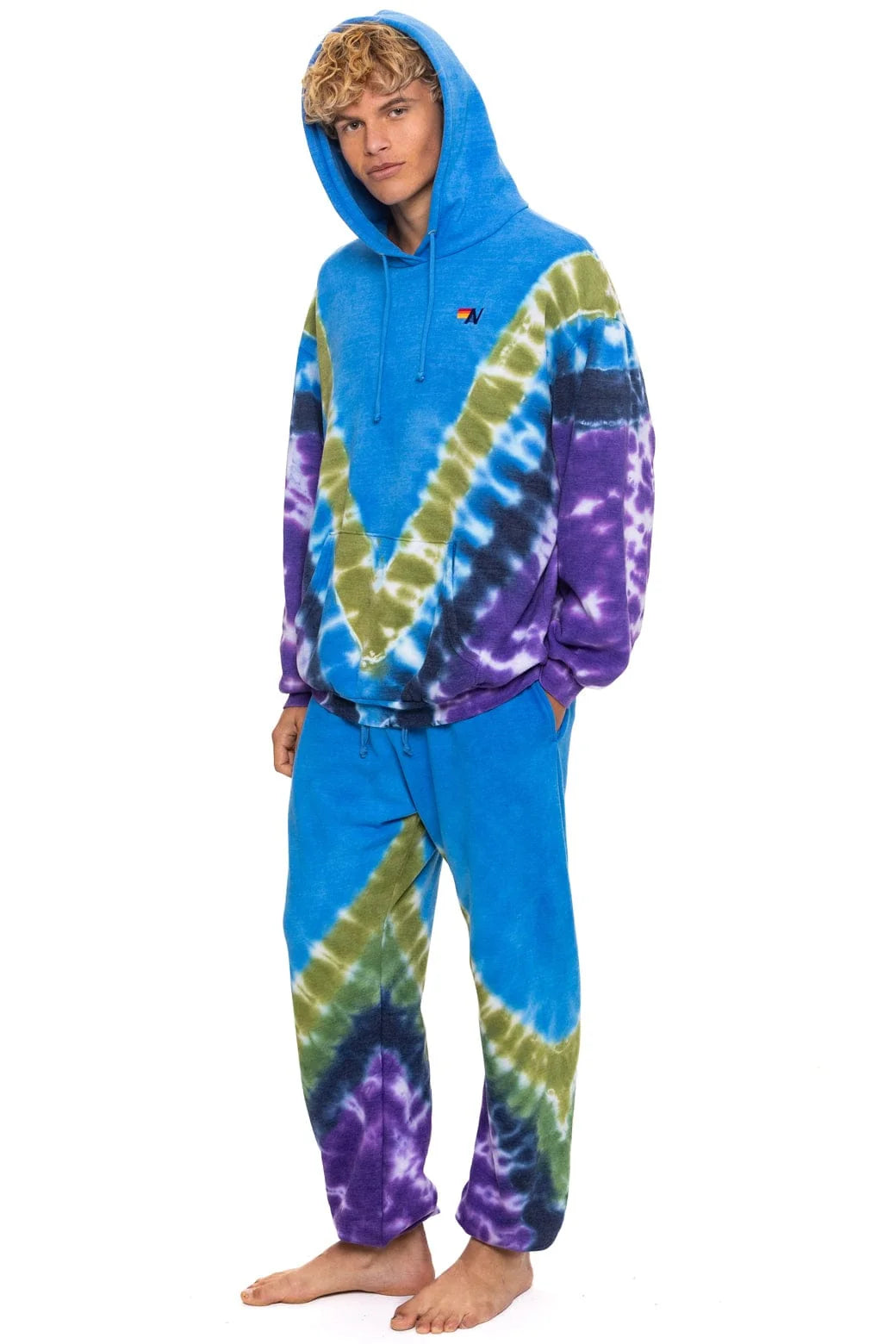 Aviator Nation Unisex Hand Dyed V Relaxed Pullover Hoodie - Tie Dye Ocean / Purple