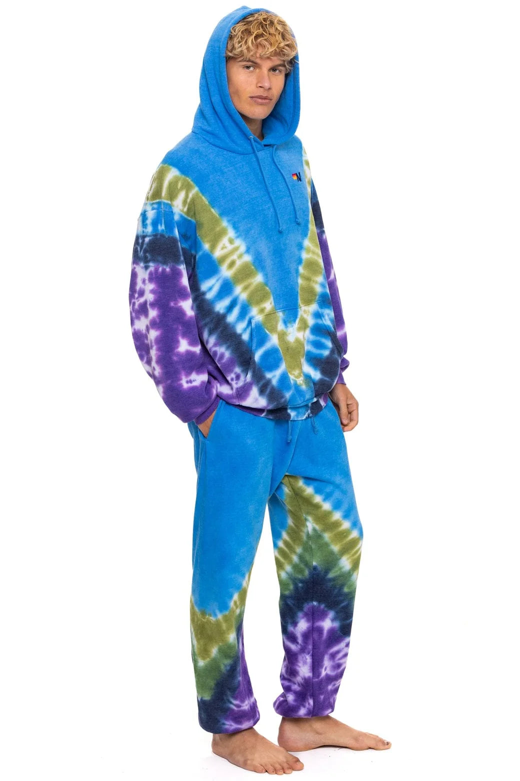 Aviator Nation Unisex Hand Dyed V Relaxed Pullover Hoodie - Tie Dye Ocean / Purple