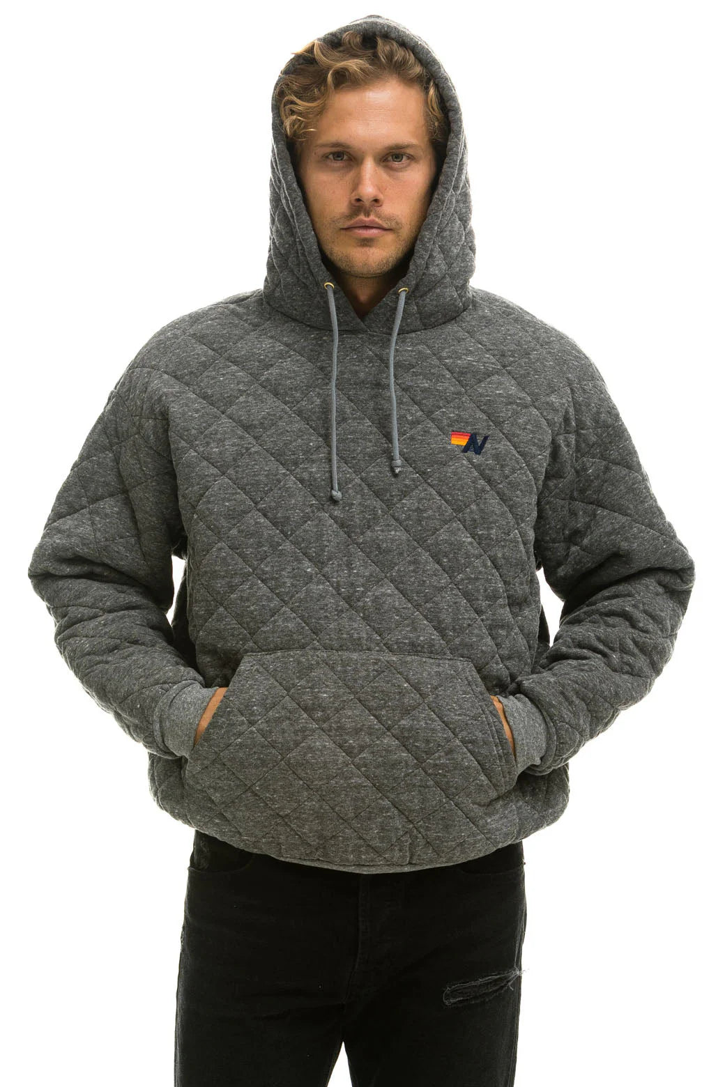 Aviator Nation Quilted Relaxed Pullover Hoodie - Heather Grey